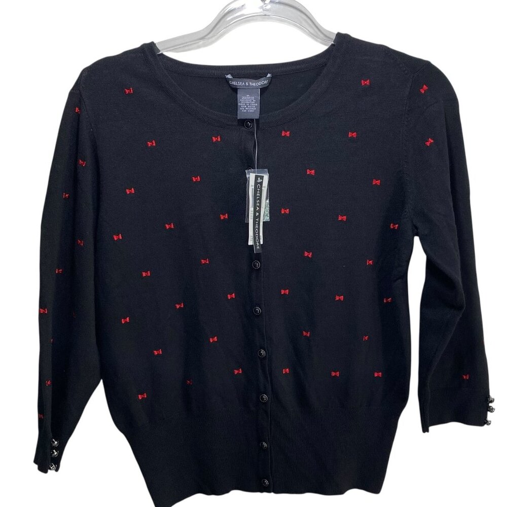 Chelsea & Theodore Red Bows All Over Preppy Cardigan Sweater Womens M Black New